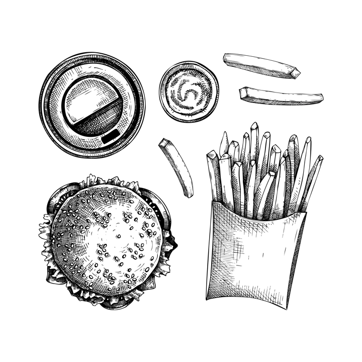 Fast food hand drawn vector illustrations. Burger, coffee cup, French fries sketches. Takeaway food or restaurant delivery service vintage style design elements. 